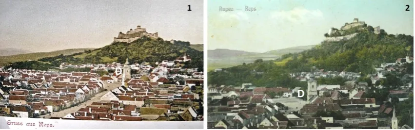 Figure 6: Two bird’s eye view postcards on Reps-Rupea showing by comparison a few changes before and after the First World War, images taken before 1925 