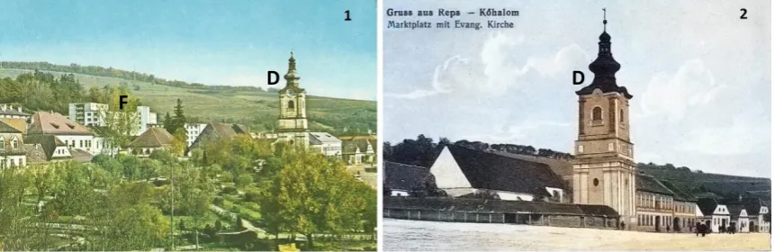 Figure 8: Postcards with view on the Saxon’s Tower Rupea-Reps in different epochs 1 – Systematization in the communist time and the Central Park cca
