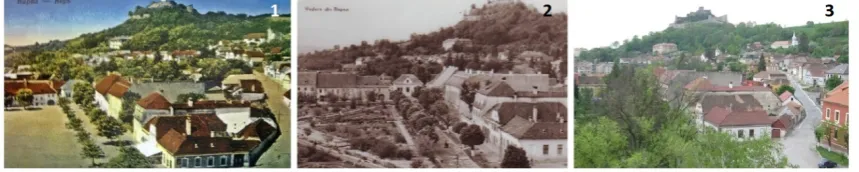 Figure 9: Rupea town’s central square functional reconversion, 1 – postcard from 1930,             2 – postcard from 1969, 3 – photograph made in 2016 (Maroși, 2017, p