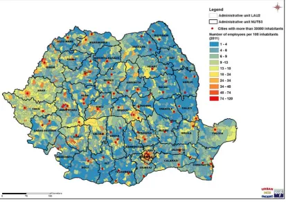 Figure 2: Ratio of employees and population in 2011 at settlement level (LAU 2) 