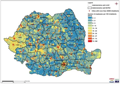 Figure 3: Ratio of employees and population in 2015 at the settlement level (LAU 2) 