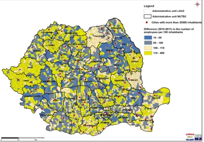 Figure 4: Dynamic of the ratio of employees and population between 2011 and 2015 at the settlement level (LAU 2) 