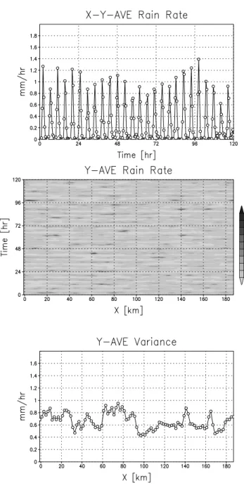 Figure 12 shows the rain rate versus time and its variance in the case of a convective atmosphere where the mountain is a 500 m barrier in the y-direction
