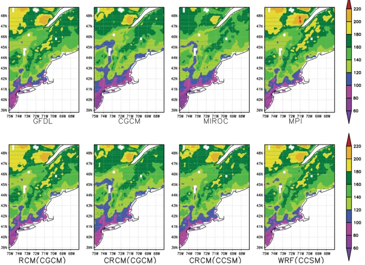 Fig. 4. Future mean (2046–2065) of frost days from spatially downscaled and bias corrected GCM &amp; RCM simulations.