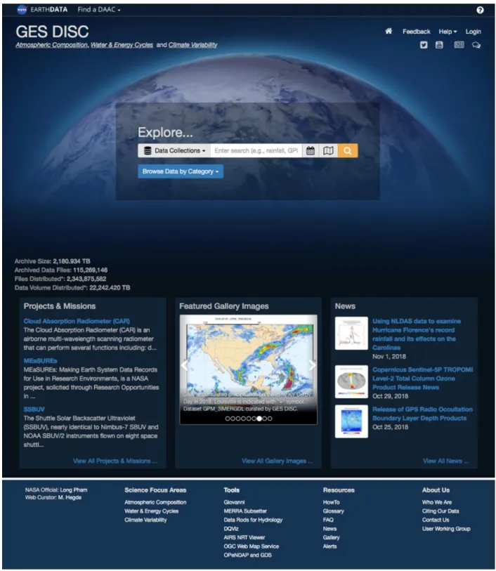 Figure 1. The GES DISC website. This all-in-one design allows search for dataset and 