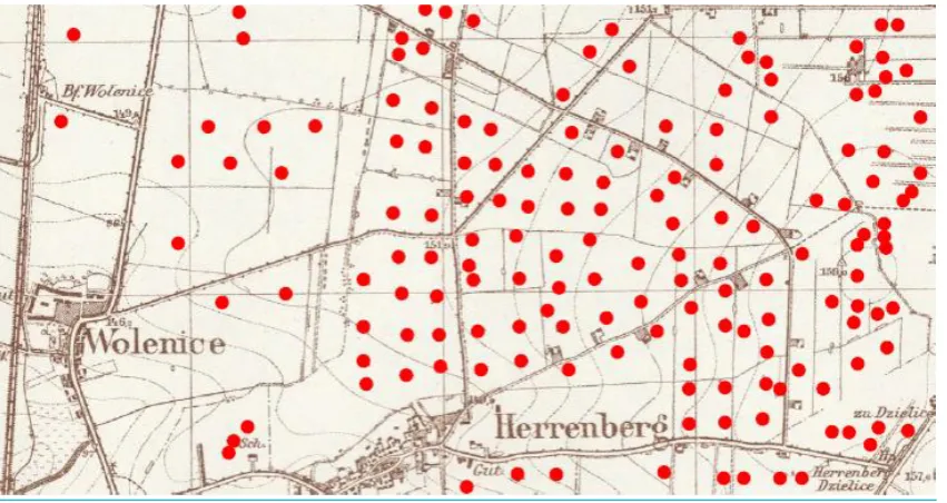 Figure 2: Distribution of PMH in large-sized fields – an example from the surroundings of Dzielice (Herrenberg) village (PMH are marked in red) 