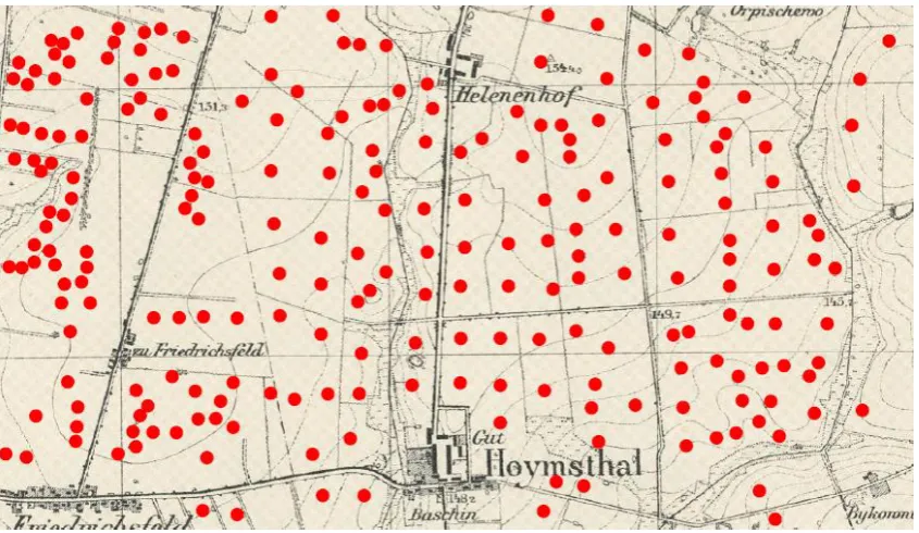 Figure 3: Distribution of PMH in small-sized and long-strip fields – an example from the surroundings of Jasne Pole (Hellenfeld) village (PMH are marked in red) 