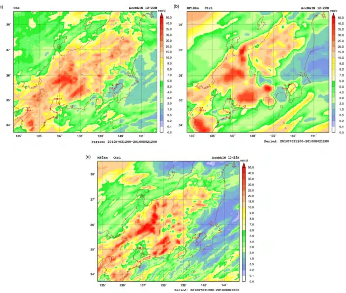Fig. 2. Rainfall analysis by R/A (upper-left) and corresponding control forecasts by MF10km (upper-right) and MF2km (lower-left) in the veriﬁcation period over central Japan