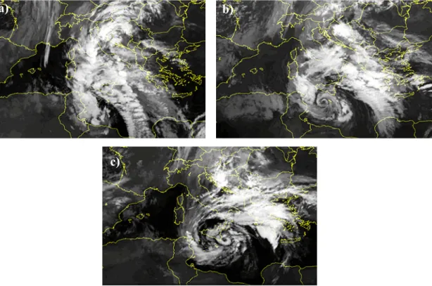 Figure 1. IR-MSG satellite imagery at (a) 0700 UTC, (b) 1400 UTC and (c) 2100 UTC, 7  November 2012