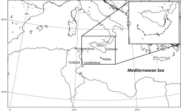 Figure  2.  Numerical  domain  used  in  all  experiments,  centered  over  the  Central  Mediterranean  Sea  and  including  the  locations  referred  to  in  the  text