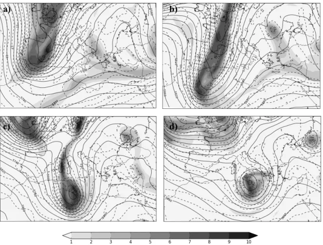 Figure  3.  Potential  Vorticity (PVU,  shaded)  at  300  hPa,  geopotential  height  (gpm,  solid line) and temperature (°C, dashed line) from NCEP analyses at 500 hPa on 00  UTC (a) 5, (b) 6, (c) 7, (d) 8 November 2014