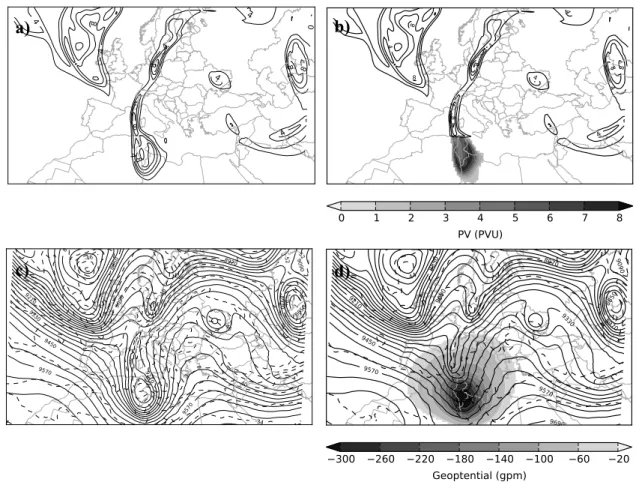 Figure 11. Potential vorticity (PVU, upper panels), and geopotential height (gpm, solid  line)  and  temperature  (ºC,  dashed  lines,  lower  panels)  at  300  hPa  on  00  UTC,  7  November 2014
