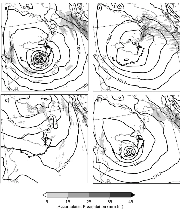 Figure 12. MSLP (hPa, solid line) and 2-hourly accumulated precipitation at 18 UTC 7 November  2014 for (a) EXP_CNTR, (b) EXP_NLH, (c) EXP_PV and (d) EXP_NSFL