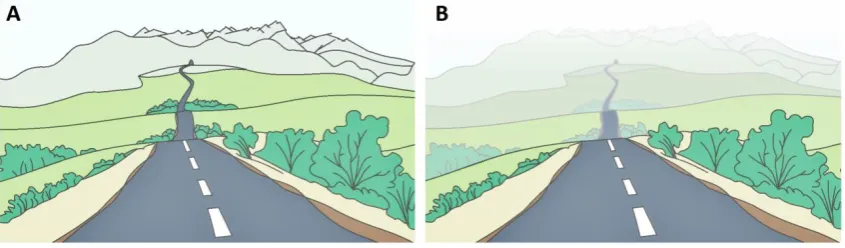 Figure 1: Creating the illusion of depth using the atmospheric perspective, A – without the atmospheric perspective, B – with the atmospheric perspective  