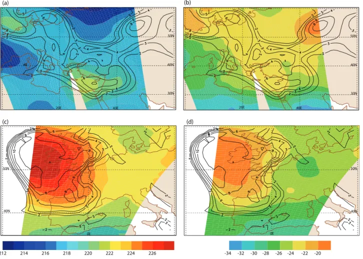 Fig. 2. Limb-corrected AMSU-A channel 8 (left) and AMSU-A channel 7 minus 5 (right), for (a), (b) 09:00–11:00 UTC 4 December 2001, and (c), (d) 02:00 UTC 9 September 2002