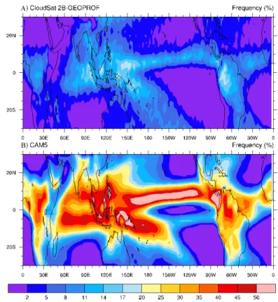 Figure 2. Frequency of convection with tops above 6 km in (A) CloudSat  observations and (B) CAM5 simulation averaged over four years