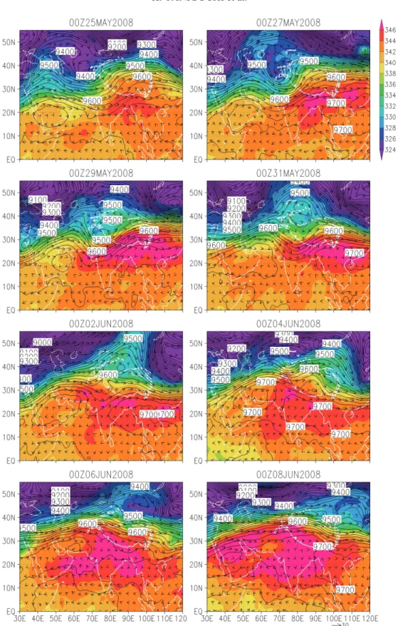 Fig. 8. PT, wind and geopotential height at 300 hPa from 25 May to 8 June. The colors and contour lines indicate PT (Kelvin) and geopotential height (m), respectively