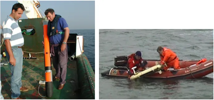 Figure 1 Small AUVs are easily deployed: left: the Mauve AUV ready for a North Seadeployment, right: the Gavia vehicle being deployed from a small boat.