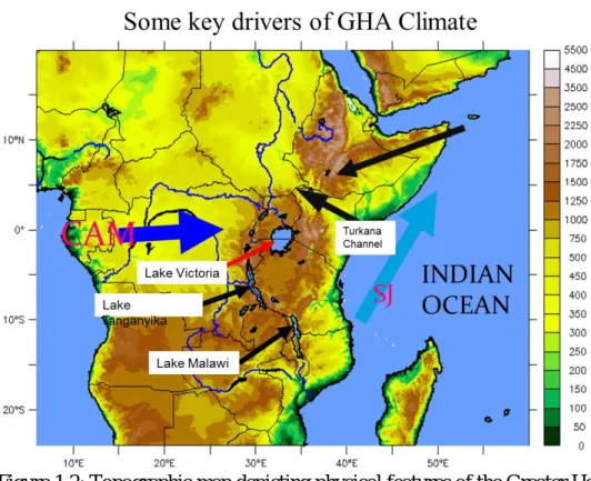 Figure 1.2: Topographic map depicting physical features of the Greater Horn of Africa (modified  from Anyah et al., 2009, CLIVAR Exchanges)
