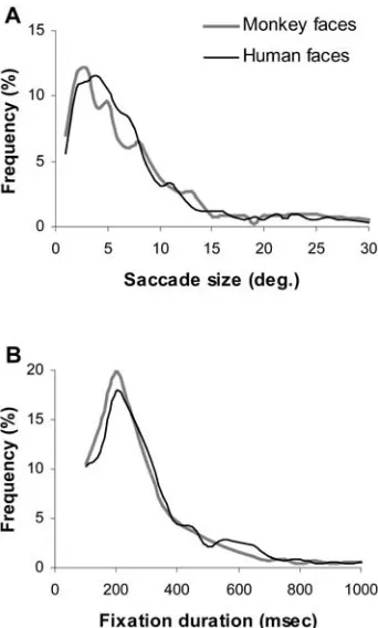 Fig. 6 Frequency distributions of individual saccade size (A) andfixation duration (B) measured while viewing upright monkey andhuman face images