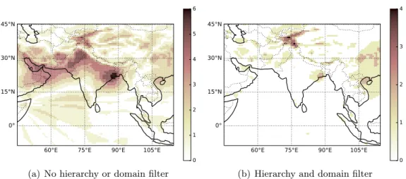 Figure 2.4: The results of the contour counting algorithm for ERA-Interim reanalysis mean sea-level pressure at 2014-08-04 06Z, (a) without applying the additional stability filters  dis-cussed in the text, and (b) with them
