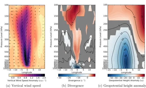 Figure 3.13: View and significance as defined in Fig 3.10. (a) vertical wind speed (cm s −1 ) and quivers for vertical/zonal wind at the cross-section boundary, the vertical component is increased by a factor of 100 for the quivers; (b) divergence (10 −6 s