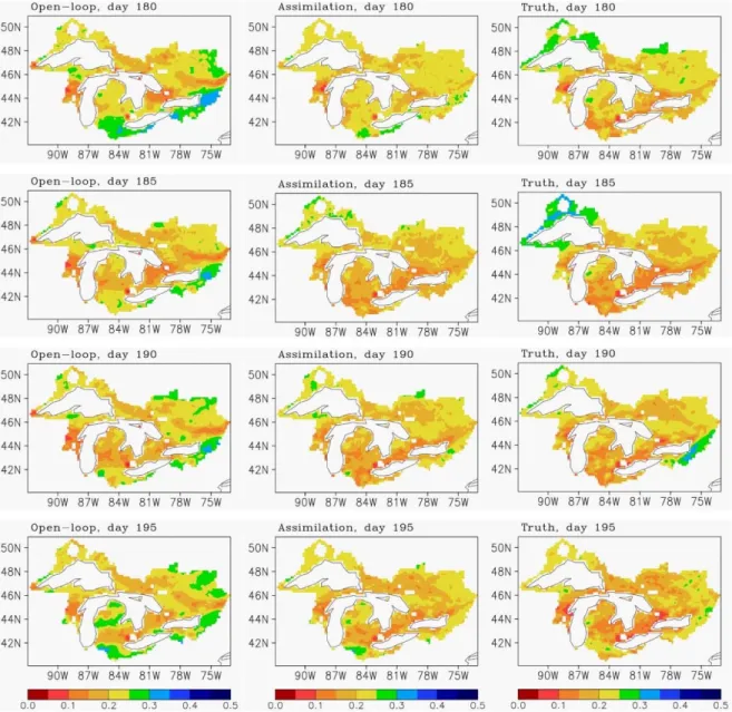 Fig. 2.3  Daily averaged surface (top 10 cm) soil moisture estimates from (left) the open-loop  model, (middle) the assimilation, and (right) the true state for (top to bottom) days 180, 185, 190,  and 195