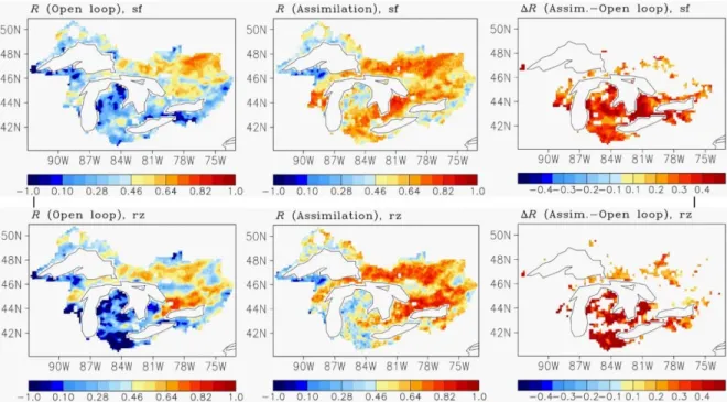 Fig. 2.5  Soil moisture skill R from (left) the open-loop model and (middle) the assimilation, and  (right) the skill improvement ΔR (Assimilation minus Open-loop) for (top) the surface layer (0-10  cm) and (bottom) root-zone (0-35 cm)