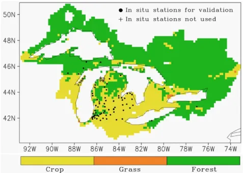 Fig. 3.1  Vegetation types (gridded at 1/6th of a degree resolution) over the Great Lakes basin  and location of in situ stations for soil moisture measurements