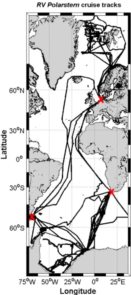Fig. 2.1: Map of Atlantic sector show- show-ing the cruise tracks (black lines) of the RV Polarstern expeditions contributing to the present study (compare Table 1).