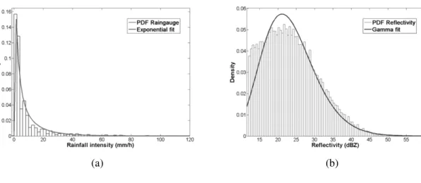 Fig. 5: The upper picture (a) shows density histogram random sub-sample of 25% of the overall population of rain gauge data and the Exponential PDF fit