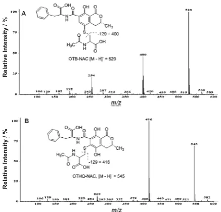 Figure 2  Negative ionisation electrospray mass spectra of (A) OTB-NAC and (B) OTHQ-NAC.