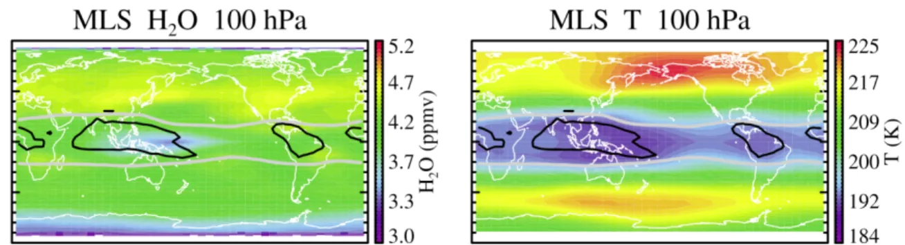 Figure 3.2. A five-year mean (January 2005 to December 2009) annual H 2 O and T maps at 100 hPa from  MLS  datasets
