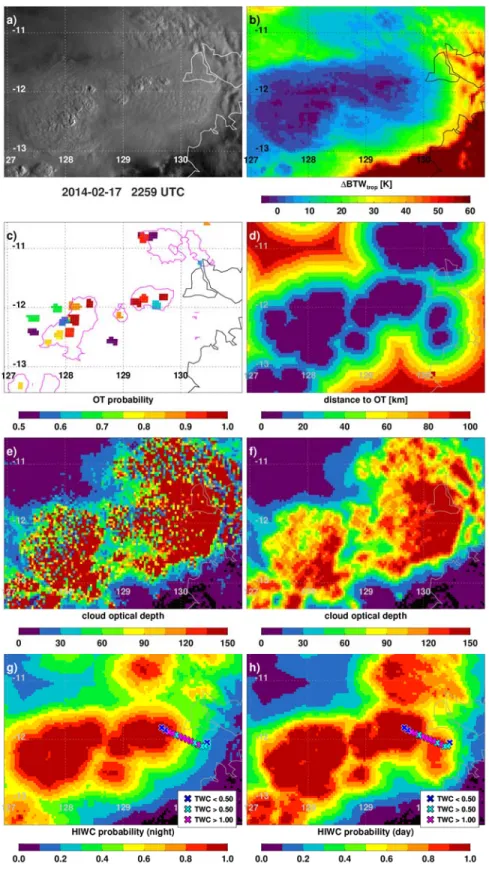 Figure 2: A series of MTSAT-1R JAMI observations and derived products for an image  during Falcon-20 Flight 22 of Darwin-2014, timestamped at 2259 UTC but valid over 