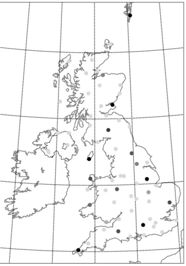 Figure 1: MIDAS stations that provide quality-controlled hourly irradiation and cloud cover observations for 2010–2013