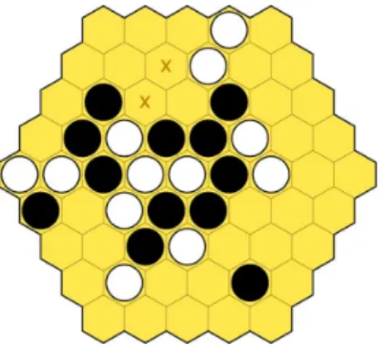 Figure 2.2 shows Yavalath game state, taken from page 12 of [2] As defined in their paper, combinatorial games are two-player turn-based deterministic games with no hidden information and the outcome states are finite