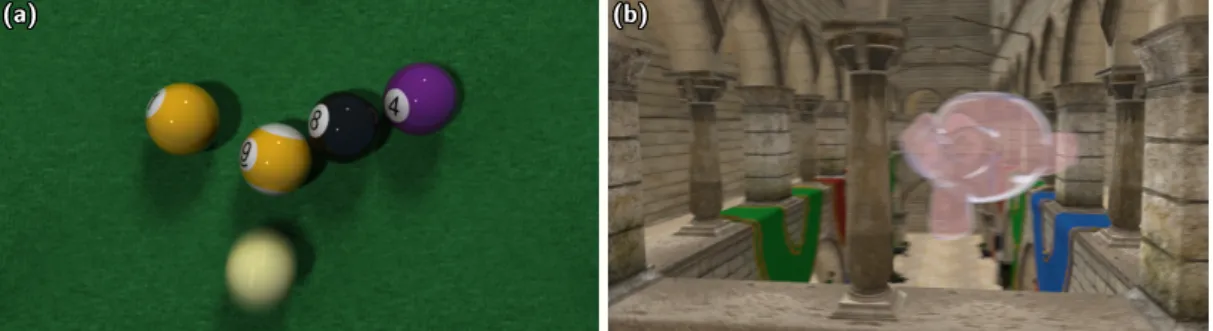 Figure 2.10: The image (a) shows motion blur, depth-of-field and soft shadows rendered using distributed ray tracing [Cook et al., 1984]