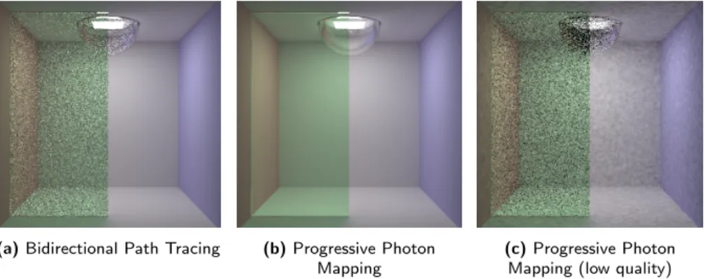Figure 2.11: A Cornell Box with the left side viewed through a green tinted glass, and the light source inside a glass fixture