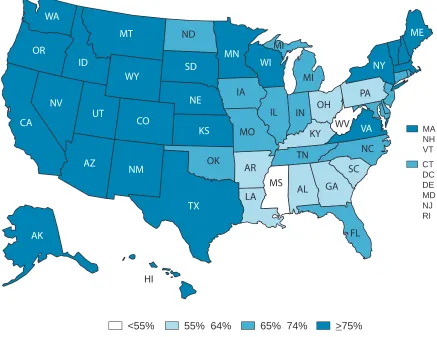 Figure 2. Percentage of Children Ever Breastfed Among Children Born in 2007,* by State 