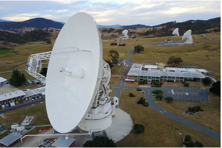 FIG. 3. Image of the Canberra Deep Space Communication Complex (CDSCC). The 70 m telescope (DSS-43) is shown in the foreground and the three 34 m beam waveguide antennas (DSS-34, DSS-35, and DSS-36) are shown in the background