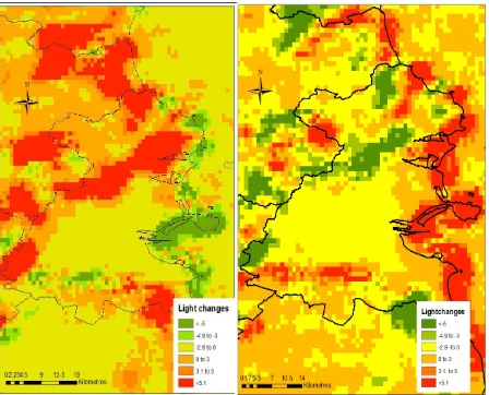 Figure 8. The changes in brightness in Dublin between 2001-2007 (left) and 2007-2013 (right)
