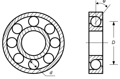 Figure 1.3. The geometry of a rolling element bearing. d = diameter of the rolling element;  θ  = angle of contact; 