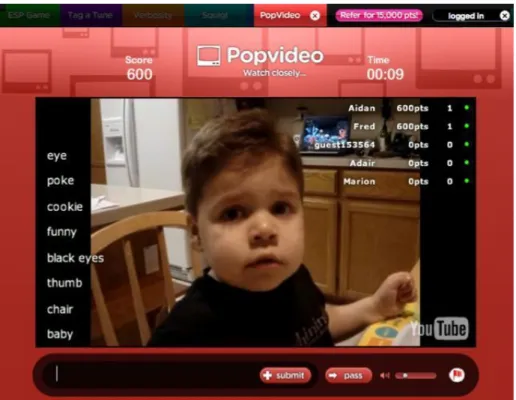 Figure 3.7: A screenshot of PopVideo. Two or more players are shown the same video, which originates from various sources, and have to timely describe the objects that appear in the video in order earn points.