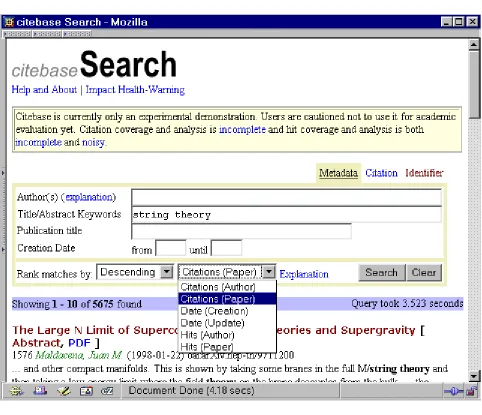 Figure 2.1. Citebase search interface showing user-selectable criteria for ranking results (with results appended for the search terms shown) 