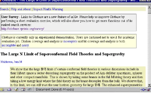 Figure 3.1 Adding a temporary notice to Citebase records to attract arXiv users to participate in this survey 