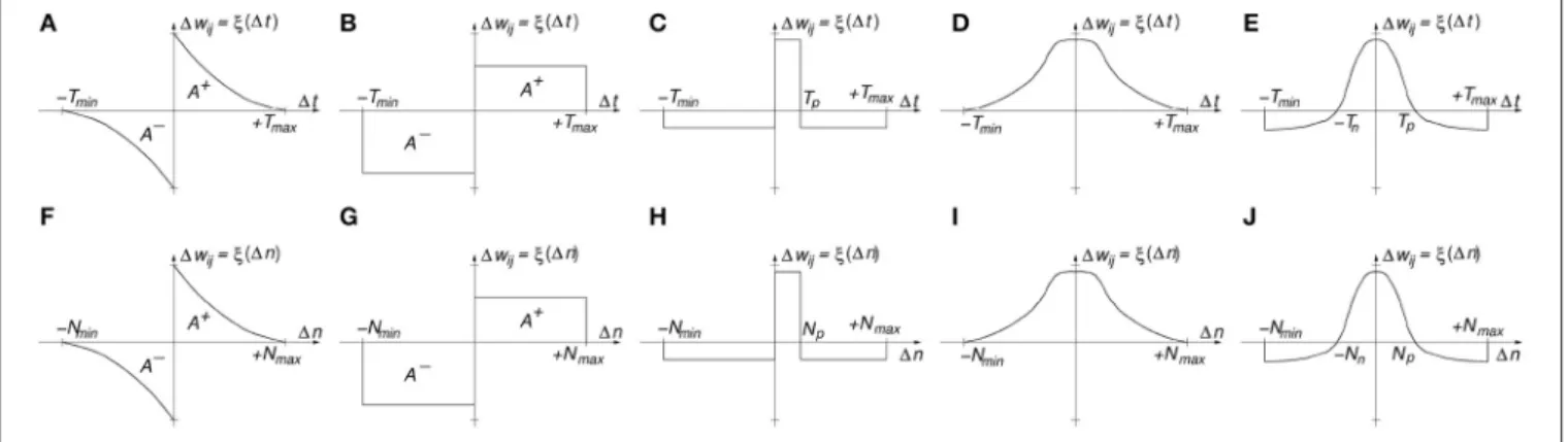 FIGURE 1 | (A) Classic time-based STDP (B) Rectangular time-based STDP, (C) Narrow Potentiation time-based STDP, (D) Symmetric Hebbian Potentiating only time-based STDP, (E) Symmetric Hebbian with Narrow Potentiation time-based STDP, (F) Classic order-base