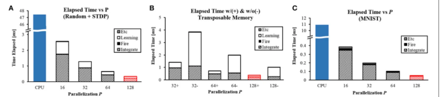 FIGURE 10 | Computation time with different P values for (A) random network with STDP learning, (B) with (+) and without (−) the transposable addressing scheme, and (C) MNIST inference task.