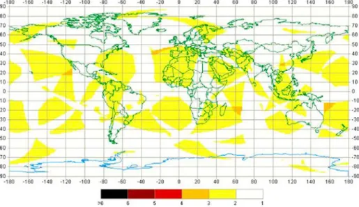 Figure 2: Current values of position dilution of precision (PDOP) on the surface of the  Earth using available satellites (24) in the GLONASS constellation