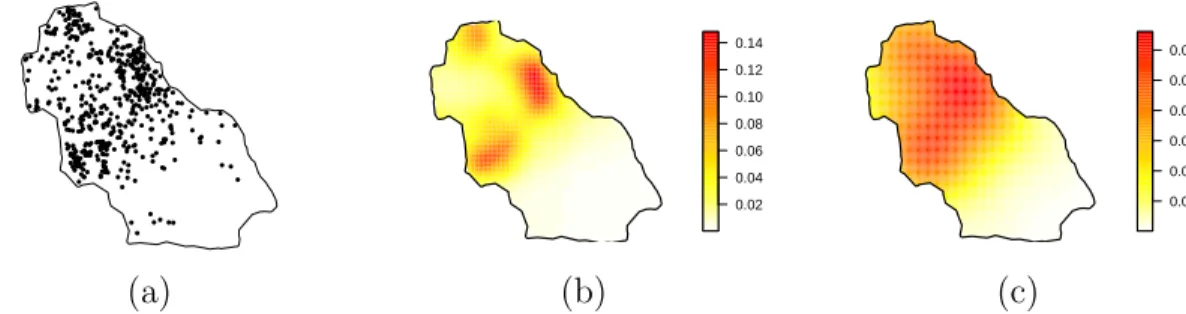 Figure 2.13: (a) The posterior mean of λ(s) for the LGCP model and (b) the kernel intensity estimate for the Duke forest data.