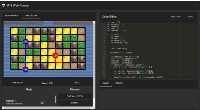 Figure 1: The web user interface of the platform, where the map of the game world is presented on the left together with buttons to apply test cases and submit